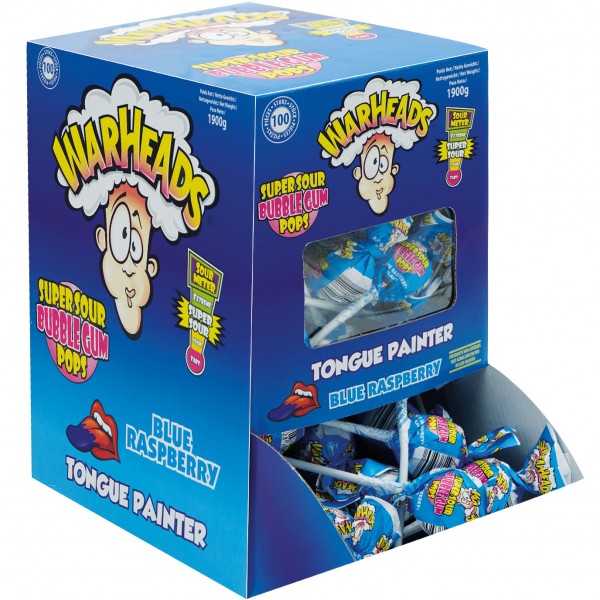Warheads Blue Raspberry Super Sour Bubble Gum Pops - 100er Display